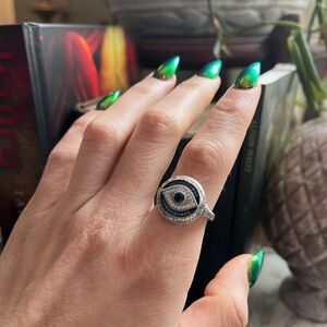 Silver Pavé Evil Eye Ring with Blue and White Stones